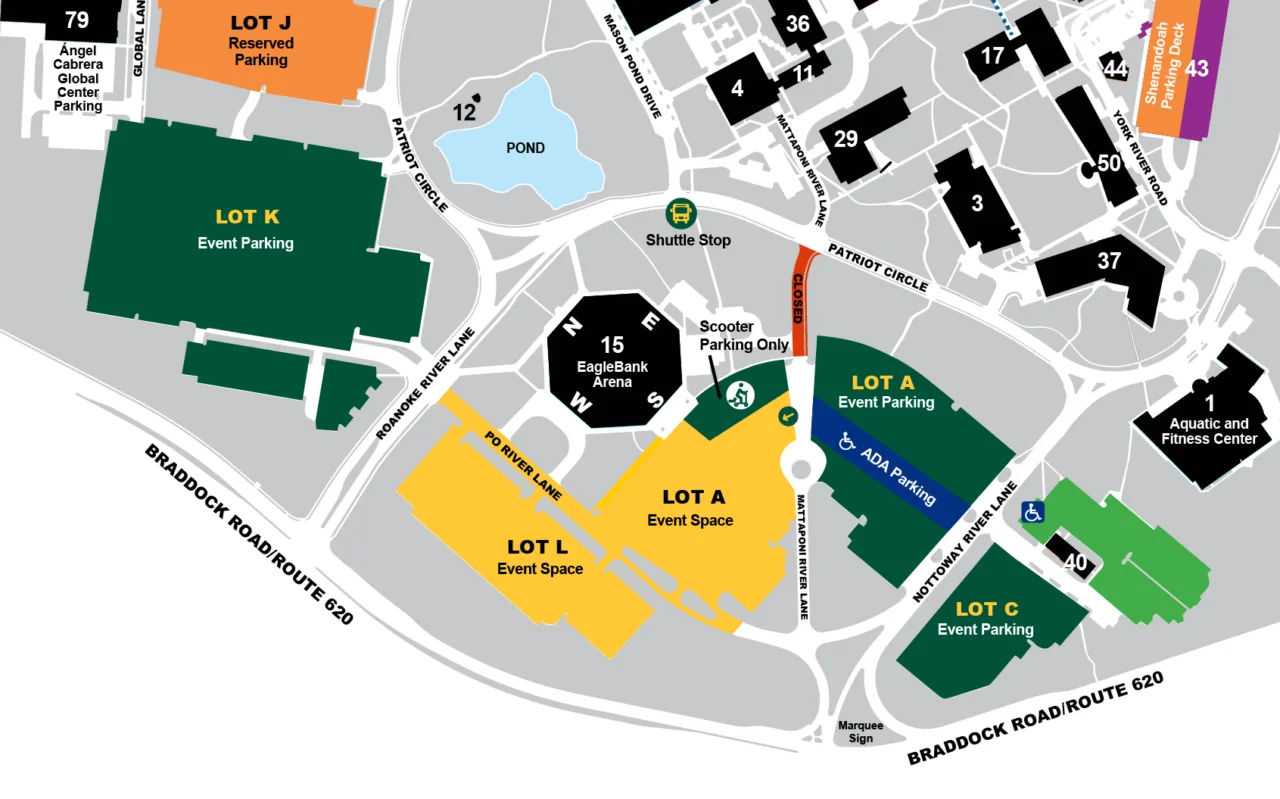 Map of the George Mason University campus centered on EagleBank Arena, showing nearby parking lots, roads, and closures. EagleBank Arena is in the center, surrounded by Lot A (event space and event parking), Lot L (event space), Lot K (event parking), and Lot C (event parking). Lot K, the east side of Lot A, and Lot C are designated event parking areas for attendees, and permit holders may park in these locations. Lot L is marked as closed, along with the western portion of Lot A. A section of Po River Lane between Roanoke River Road and Lot A is also indicated as closed. Other roads labeled include Patriot Circle, Roanoke River Lane, Mattaponi River Lane, and Braddock Road. A designated scooter parking area is shown on the west side of Lot A next to EagleBank Arena, highlighted in green with a scooter symbol. ADA-accessible parking is located in the middle of the east side of Lot A, highlighted in blue with the ADA symbol. Additional landmarks include the Aquatic and Fitness Center, Shenandoah Parking Deck, and a shuttle stop near Patriot Circle.
