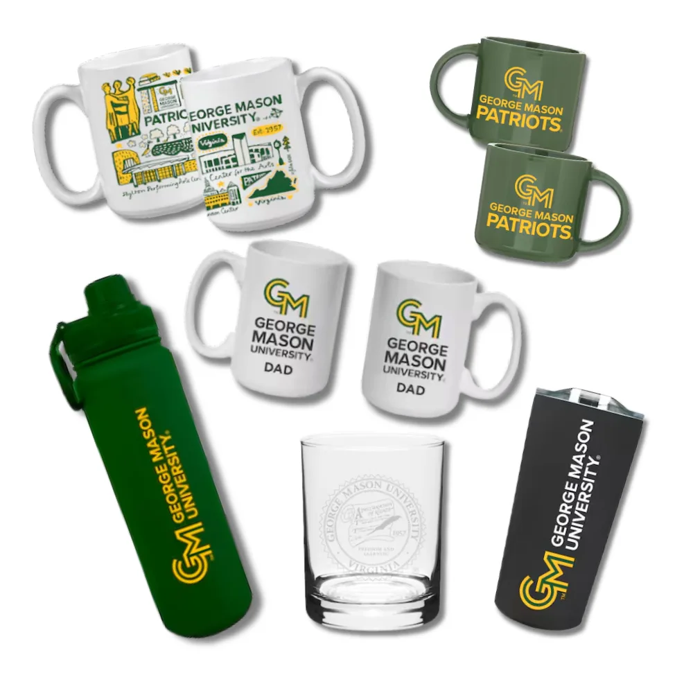 George Mason branded drinkware, mugs, water bottles, glasses, wine glasses, and more