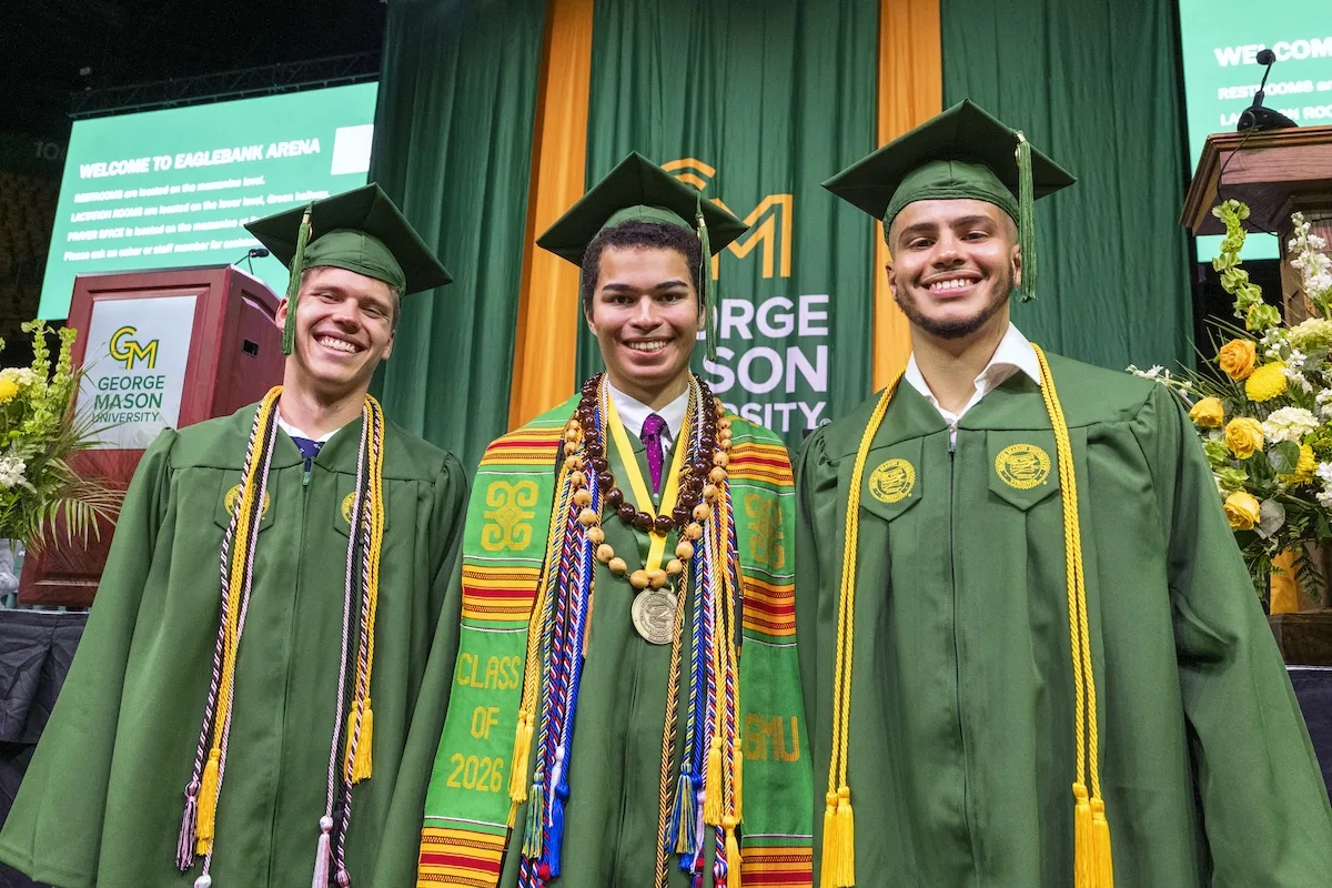 Graduates celebrate before the Schar School of Policy and Government Degree Celebration on May 16, 2026, at EagleBank Arena.